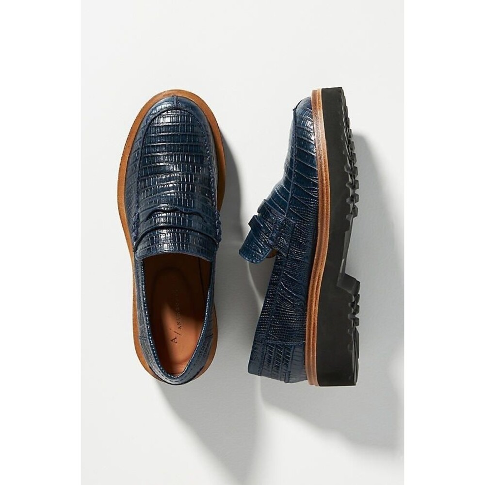 Anthropologie Loafers Women 38 Blue Croc Embossed Leather Chunky Dark Academiaโ